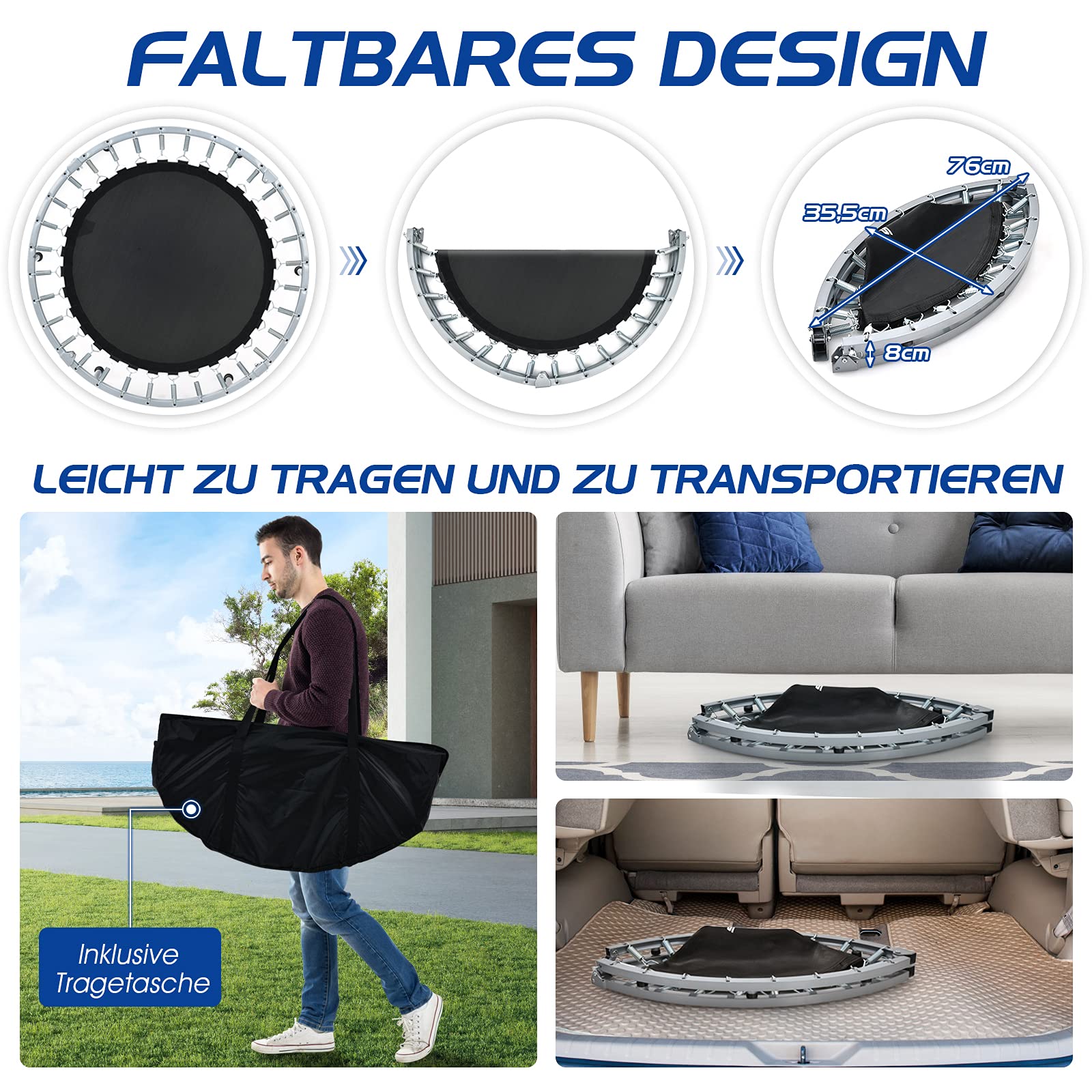 COSTWAY φ101cm Mini Trampolin mit höhenverstellbarm Haltegriff, Fitness Trampolin faltbar, Kindertrampolin, Gartentrampolin bis 150kg belastbar für Kinder, Erwachsene