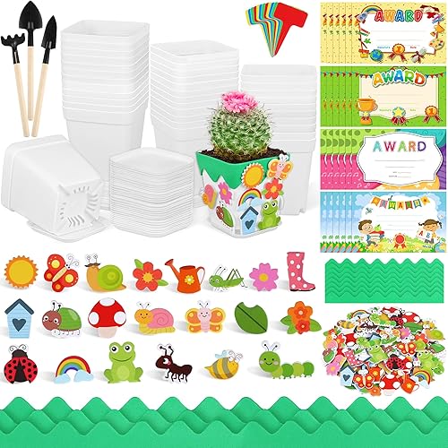 Elcoho Juego de 36 macetas de plástico para jardín, kit de manualidades de primavera para niños, macetas con 150 calcomanías de espuma, 36