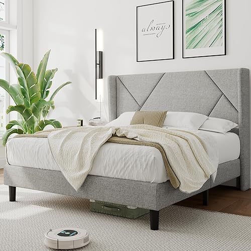 Queen Bed Frame with Geometric Wingback Storage Headboard, Modern Upholstered Platform Bed, No Box Spring Needed, Noise-Free, Light Grey