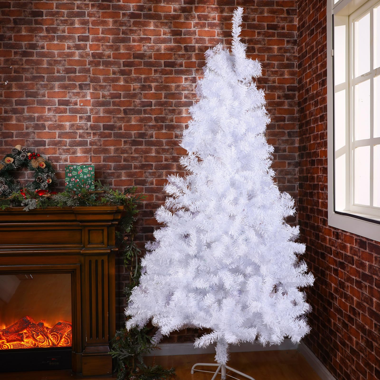 6ft White Christmas Half Tree Artificial Christmas Pine Tree White PVC Xmas Tree with Solid Metal Stand for Wall Corner Xmas Themed Party Decoration Indoor Outdoor Living Room Decor