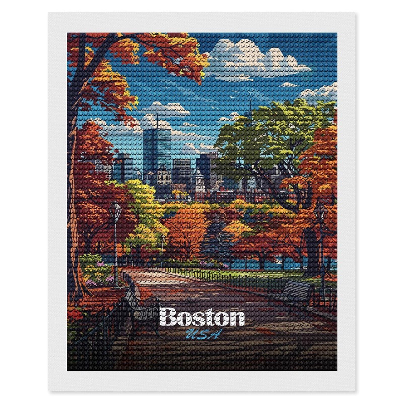 Junmoney Boston Skyline Autumn Diamond Painting Canvas Kit 16"x20", Adhesive Canvas, Living Room Decor, Farmhouse Decor, Winter Craft