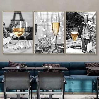 Cuadros para pared y pósteres, color amarillo, champán, vino tinto y torre de botella, 40 x 60 cm x 3 sin marco