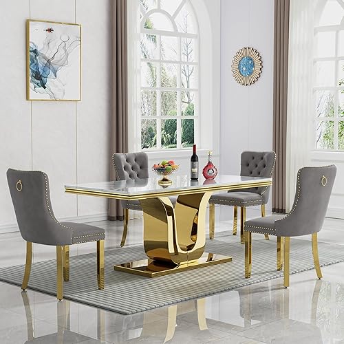 Miniatura 73 de Juego de mesa de comedor de mármol sintético, 7 piezas, juego de mesa de cocina y comedor para 6, mesa de comedor rectangular blanca de 70 pulgadas