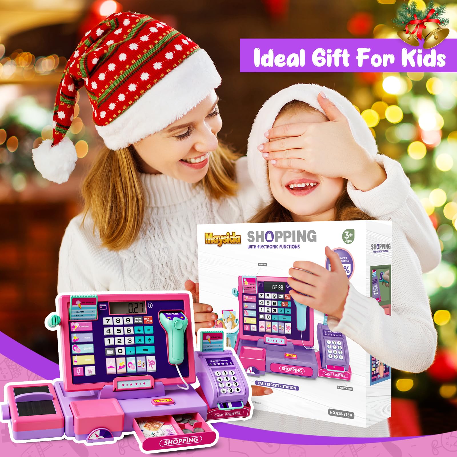 Set di cassa registratrice giocattolo con scanner e funzione musicale (Rosa Viola)