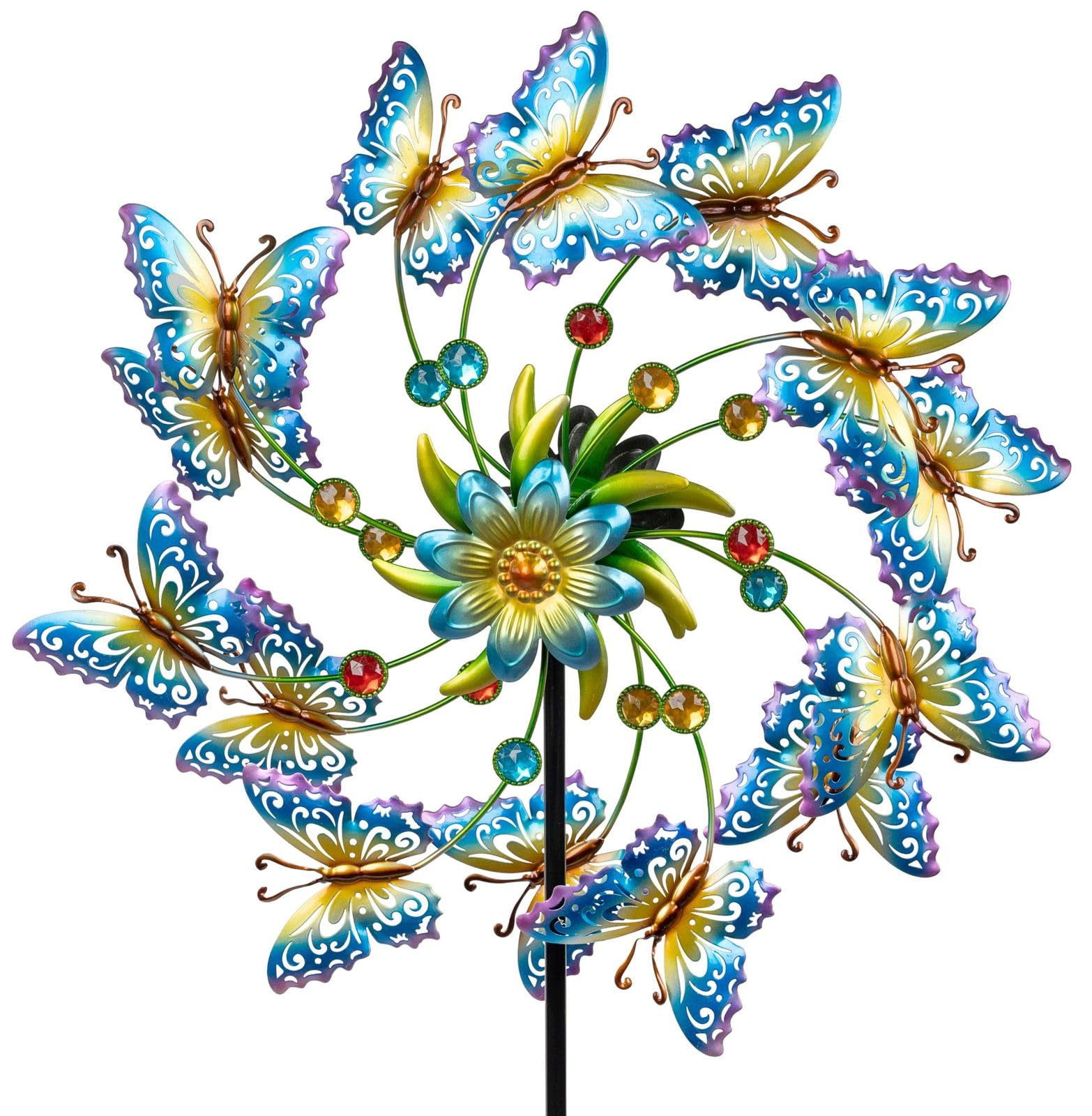 formano Windrad Schmetterlinge Garten Metall bunt kugelgelagert Windspiel Ø 47 cm / 131 cm mit Acryl-Steinen & Erdspieß | Wetterfeste Gartendeko für Beet, Rasen & Terrasse | Vogelabwehr