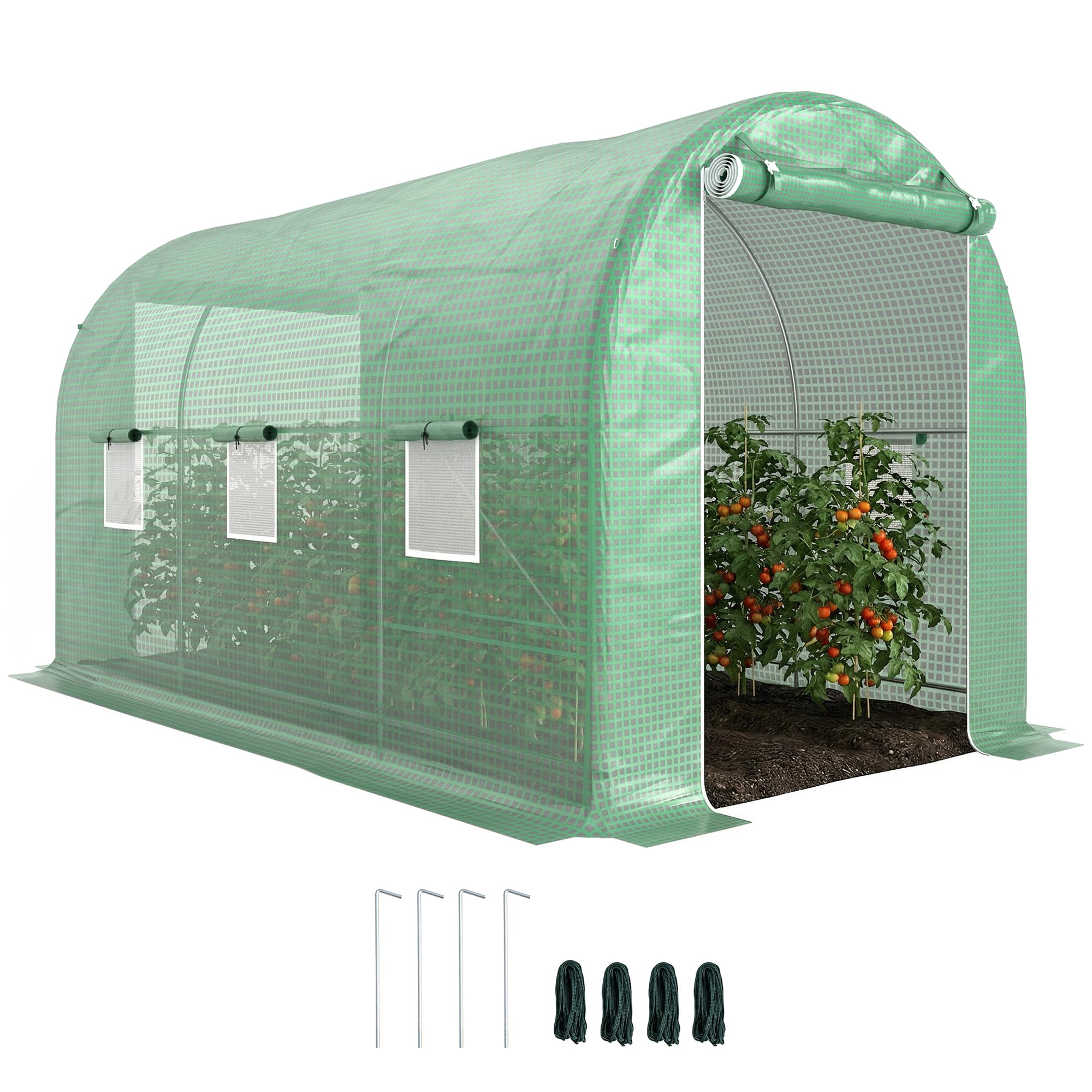 Outsunny Serre de Jardin Tunnel Serre à Tomates 8 m² 4L x 2l x 2,05H m Vert | Châssis Tubulaire Renforcé, Double Porte Zippée, 6 Fenêtres Enroulables