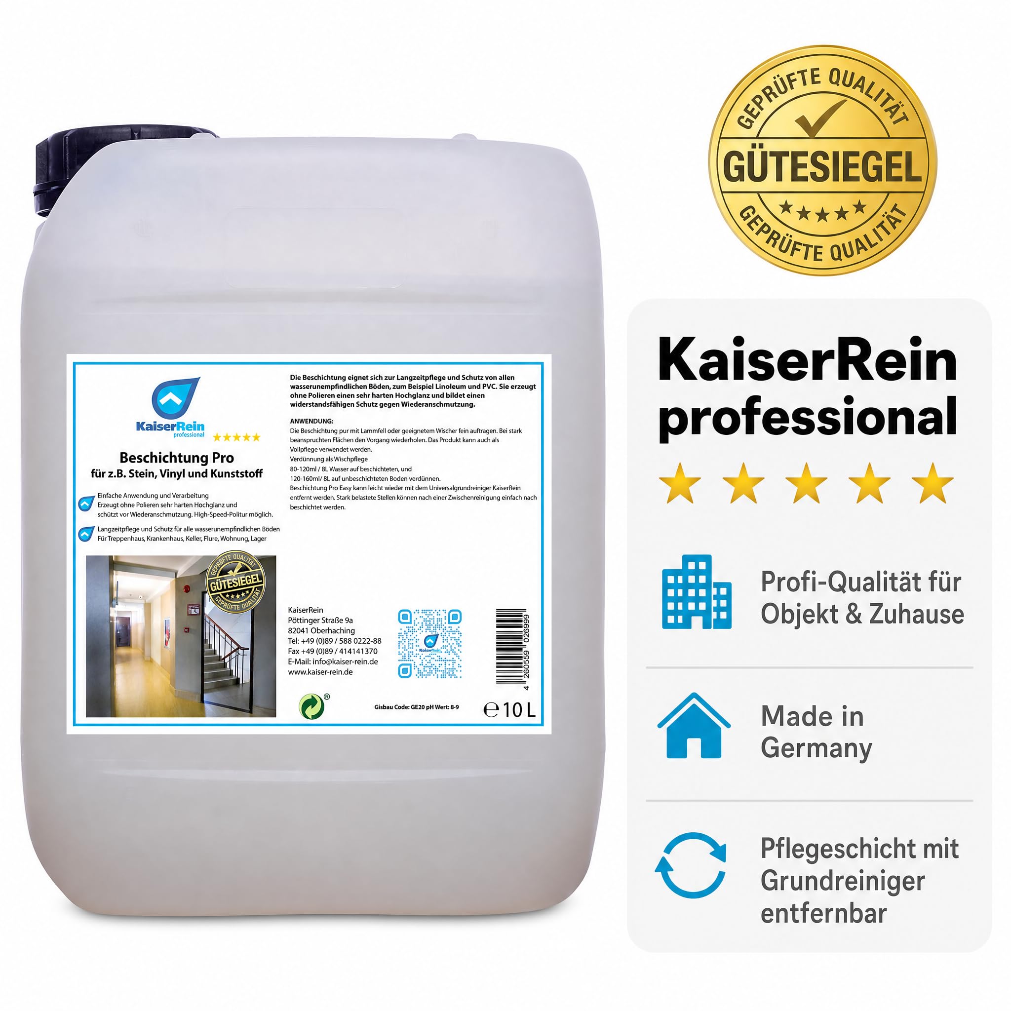 KaiserRein Bodenbeschichtung Beschichtung Pro Easy, Bodenversiegelung für wasserunempfindliche Böden, Hochglanz ohne Polieren, für Vinyl, PVC, Linoleum, Stein & Kunststoff, 10 L