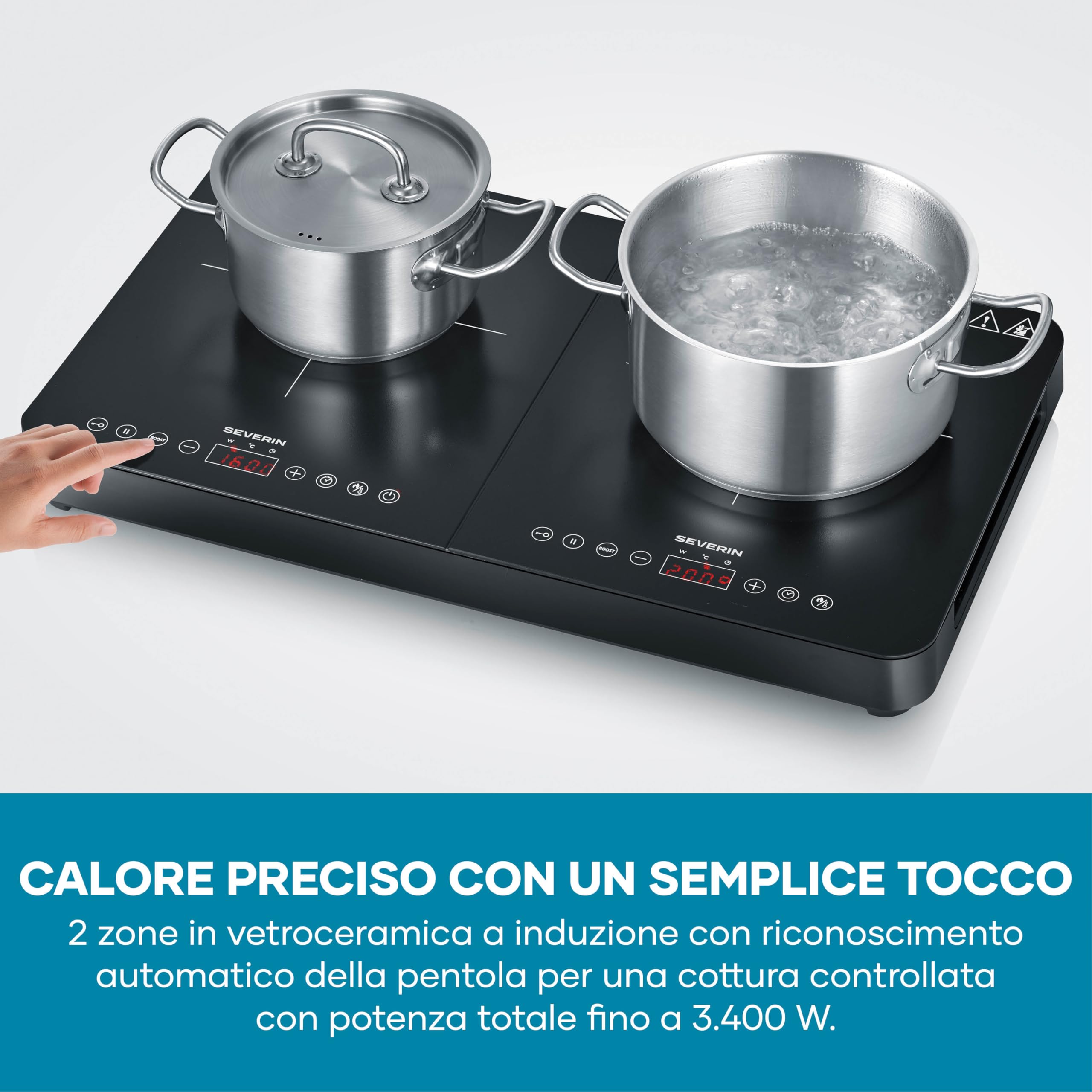 SEVERIN Piastra a Induzione Doppia, 2 Fornelli, Piano in Vetroceramica Antigraffio Finitura Opaca, 10 Livelli di Potenza, Touch Screen, Temperatura 60-240 °C, 3400 W, Nero - DK 1028