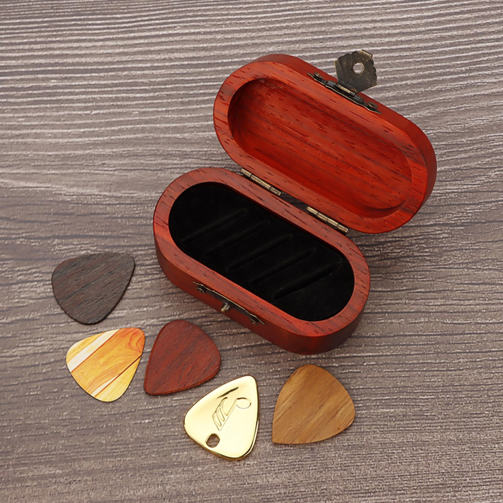 Caja de almacenamiento de madera para púas de guitarra, portátil, con 5 púas de guitarra para guitarristas