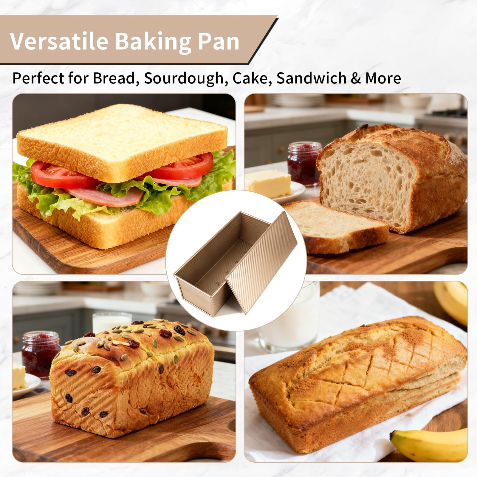 Gold Toast - Molde para hornear con tapa, 33 x 13 x 12 cm, antiadherente, acero al carbono, 1000 g, con orificios de ventilación, para pan, pasteles