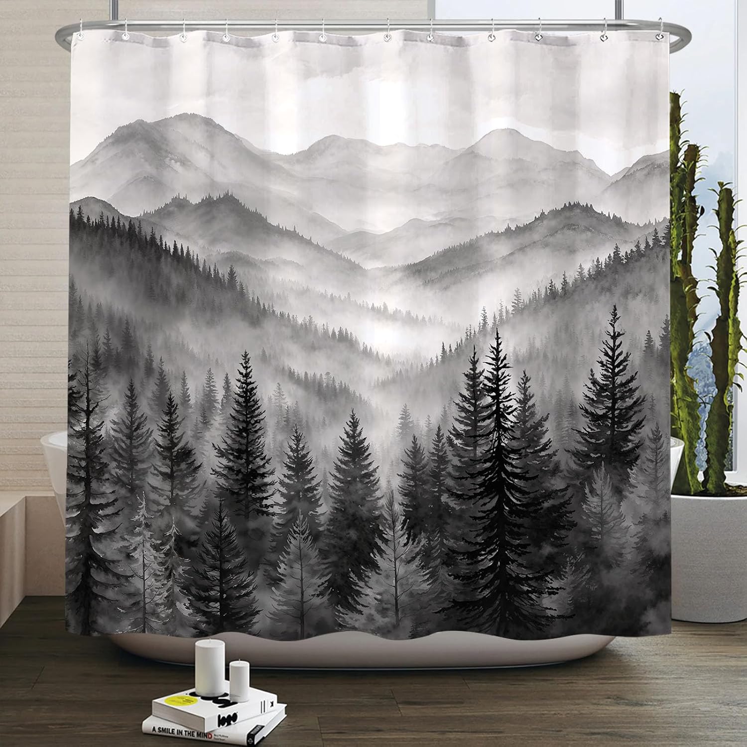 Accnicc Forest Mountain Shower Curtain Black and White Nature Misty Pine Tree Shower Curtains for Bathroom Dark Grey Foggy Rustic Woodland Decorative Waterproof Fabric Bath Curtain Decor 72×78 Inches