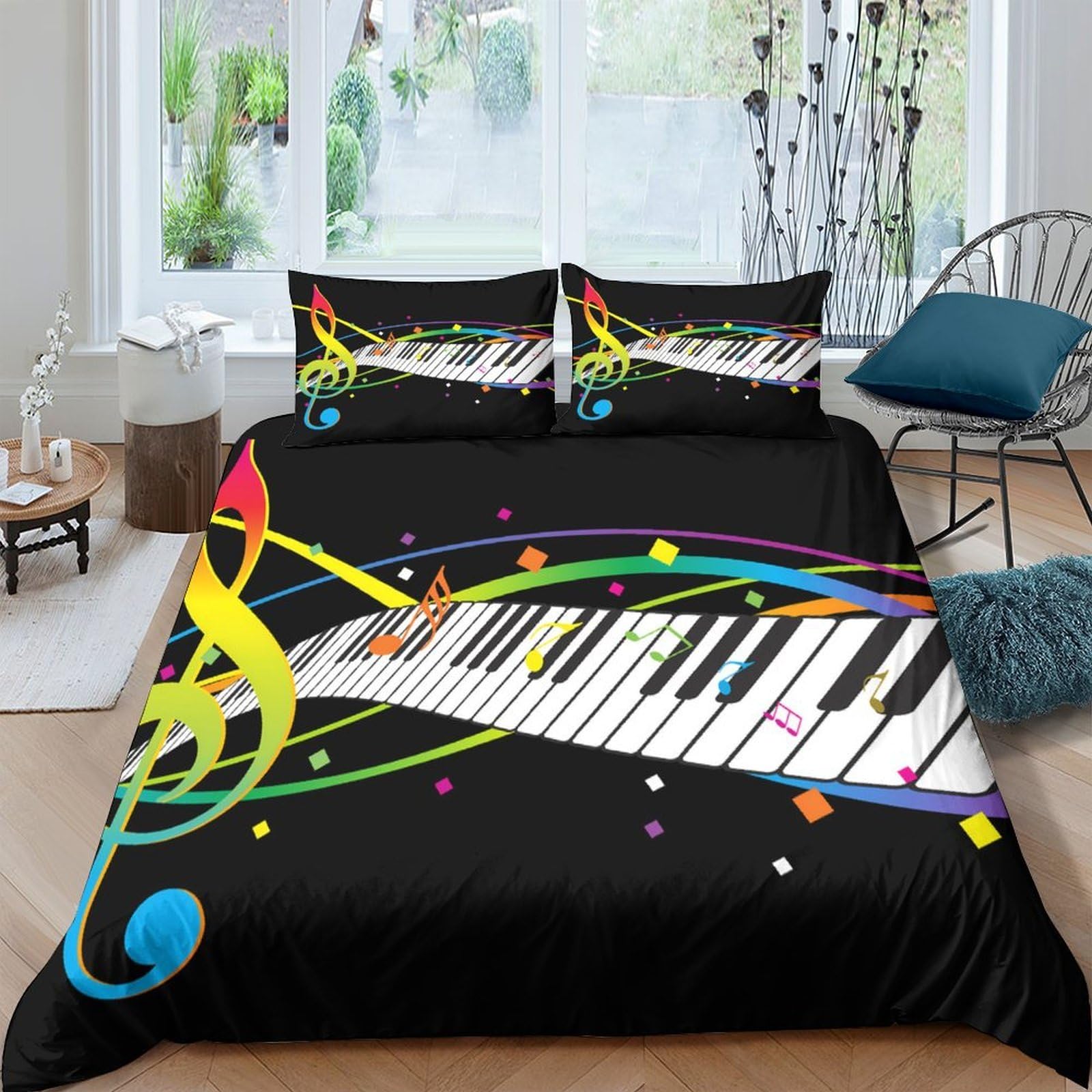 Ctjqhvkz Style-3 3D Printed Colorful Music Note Fitted Sheet Microfiber Soft Breathable Piano Keyboard Bed Cover For Bedroom Decor Single（135X200cm）
