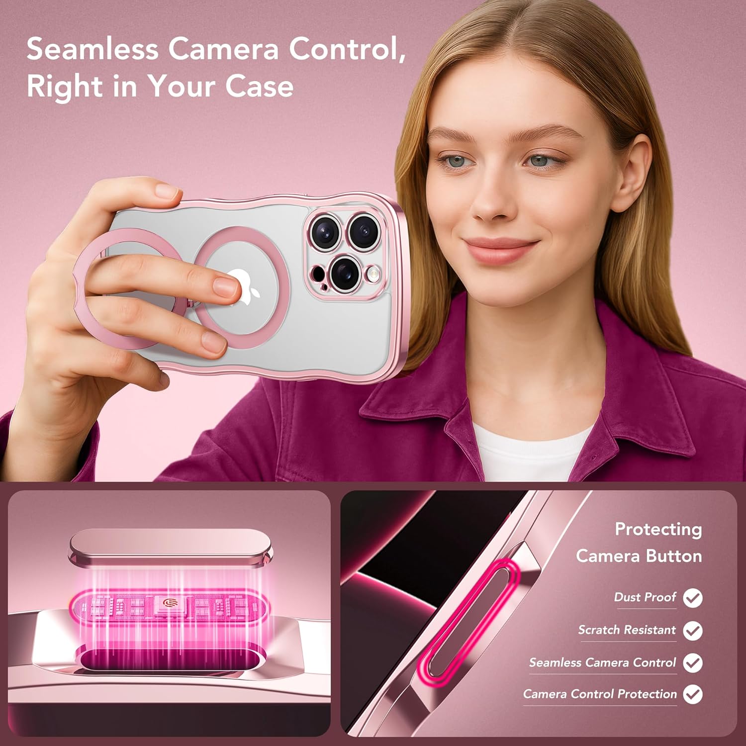 for iPhone 16 Pro Case with 360° Spin Magnetic Stand Ring [Compatible with MagSafe][Military Protection][Camera Control Button]Cute Anti-slip Wave Phone Case for 16 Pro 6.3 Inch, Pink/Clear - Image 5