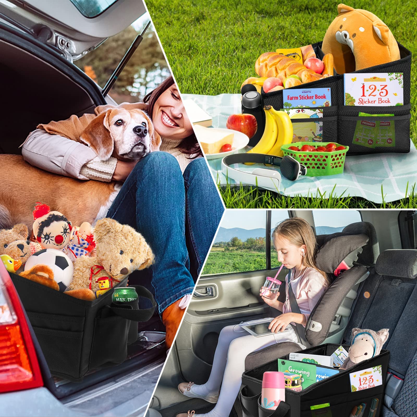 WOCVRYY Organizador Maletero Coche para Asiento Delantero Trasero y Maletero Plegable con Compartimentos y Bolsillos de Malla con Portavasos para Guardar Juguetes Mapas Juegos y Más