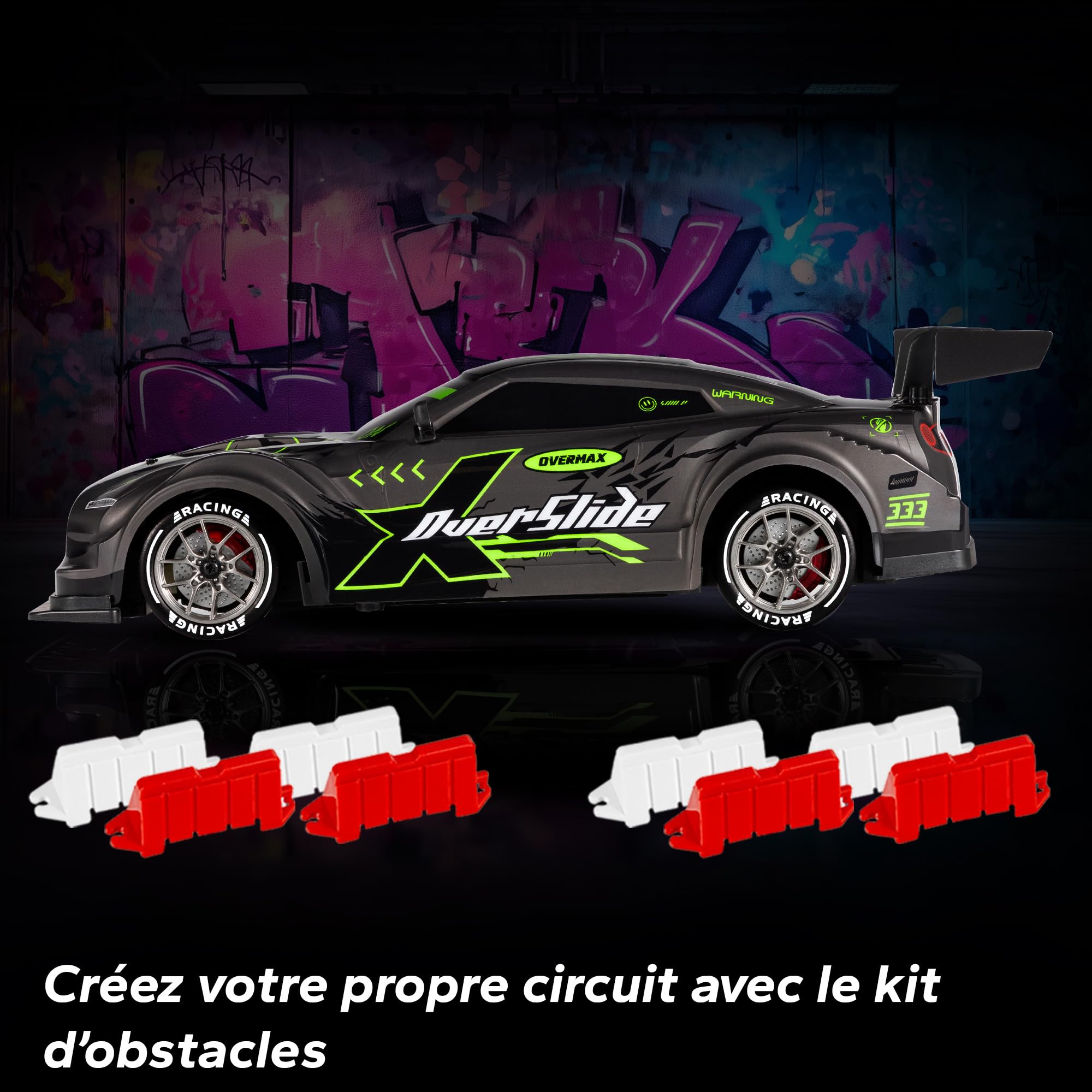 Overmax X-OVERSLIDE Voiture RC Drift Télécommandée, Voiture pour Enfants 8+, 1:16, 20 km/h Portée jusqu'à 80 m, 4WD, 2 Batteries 500 mAh, Roues et Obstacles, Boîtier Supplémentaire