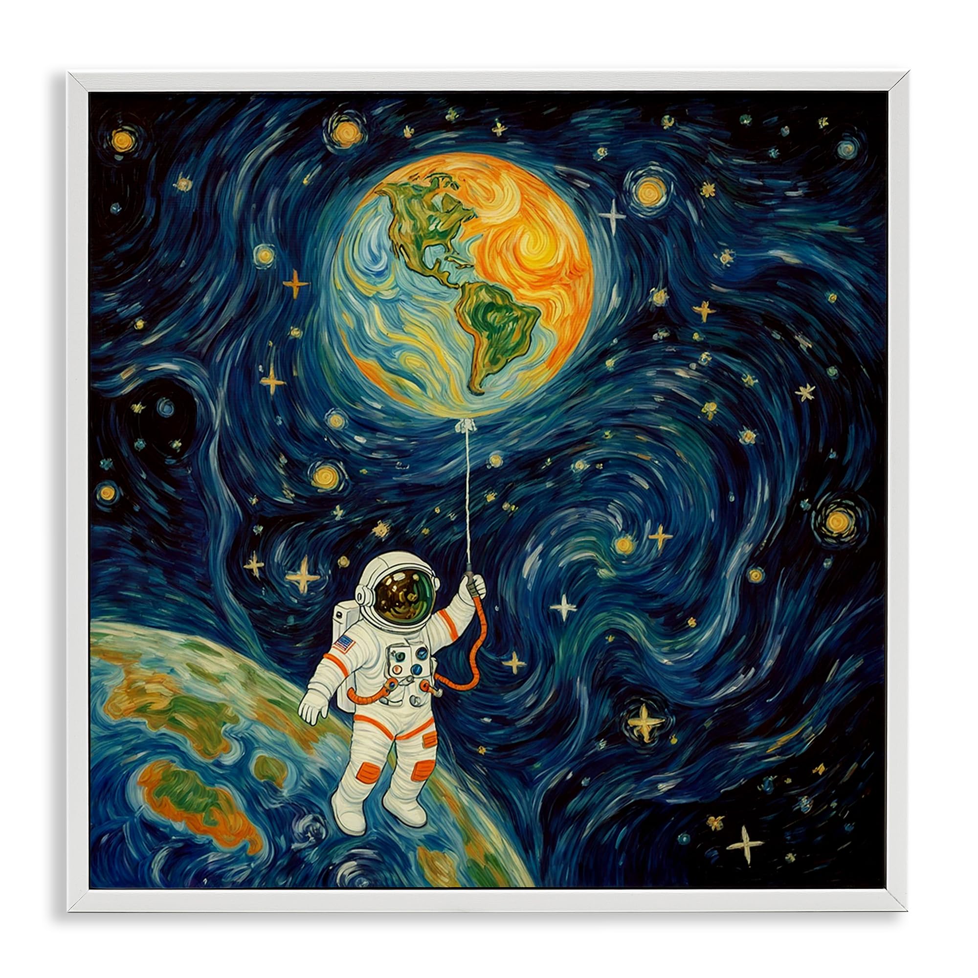 Astronaute avec ballon de terre blanc Stupell Industries cadre 17x17 par Angie Hawke