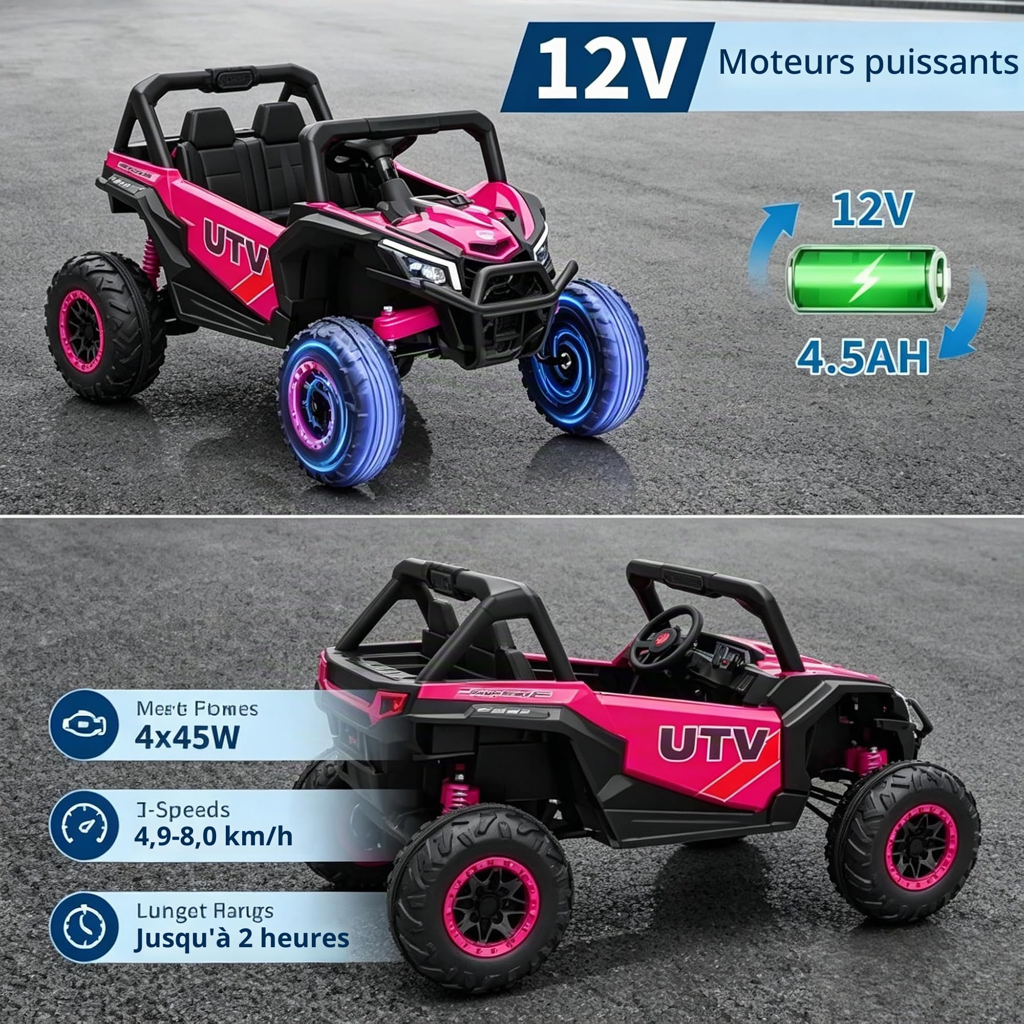 12V Voiture Électrique Télécommandée Enfant 3-6 Ans Véhicule 3 Vitesse Phares LED Quad Tout Terrain Effets Sonores Et Lumineux Jardin Gazon Goudron Grande Autonomie Rose Fuchsia