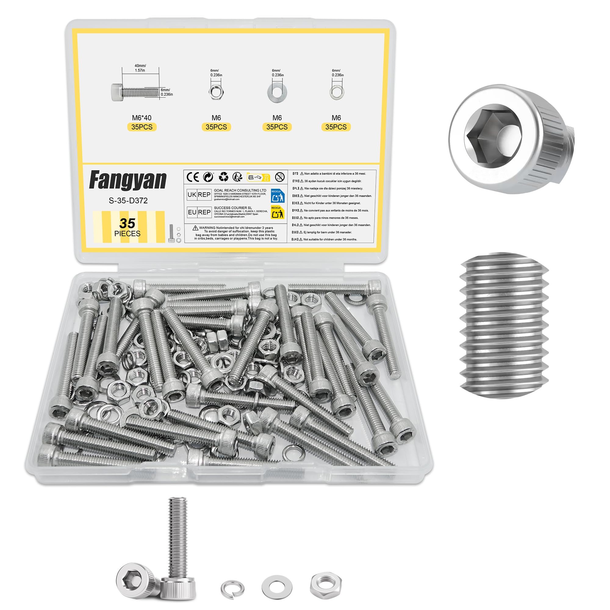 Fangyan 35 PCS 6 x 40mm Hex Socket Cap Head Bolts Set, Stainless Steel Machine Screws with Hex Nuts, Flat & Spring Washers Assortment Kit for Electronics, Small Equipment & DIY Repair