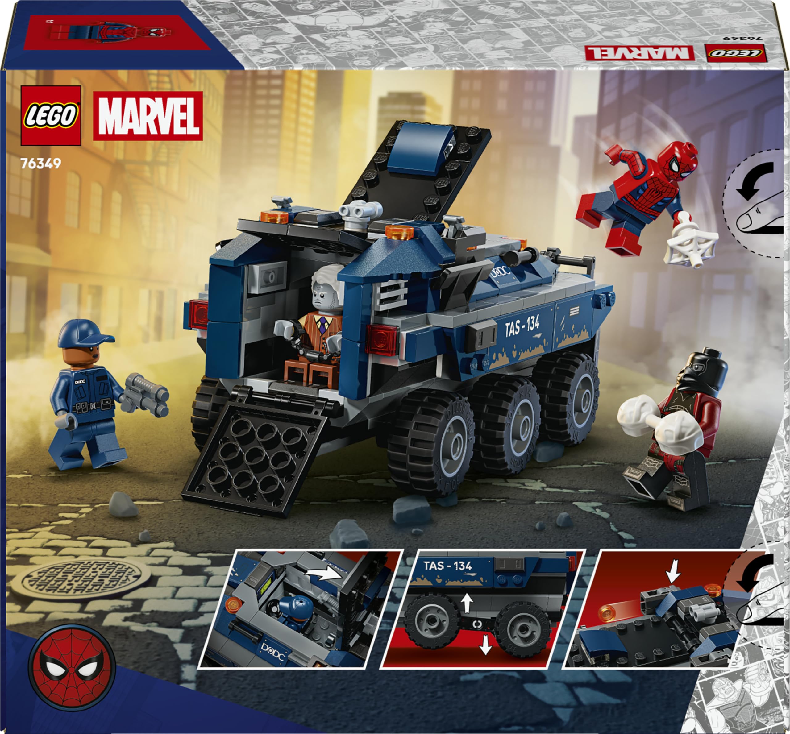LEGO | Marvel Spider-Man: Inseguimento del Trasportatore di Detenuti - Giocattolo da Supereroi con Macchina Blindata e 4 Minifigure tra cui Lapide e Tarantula - Regalo per Bambini da 8 Anni - 76349