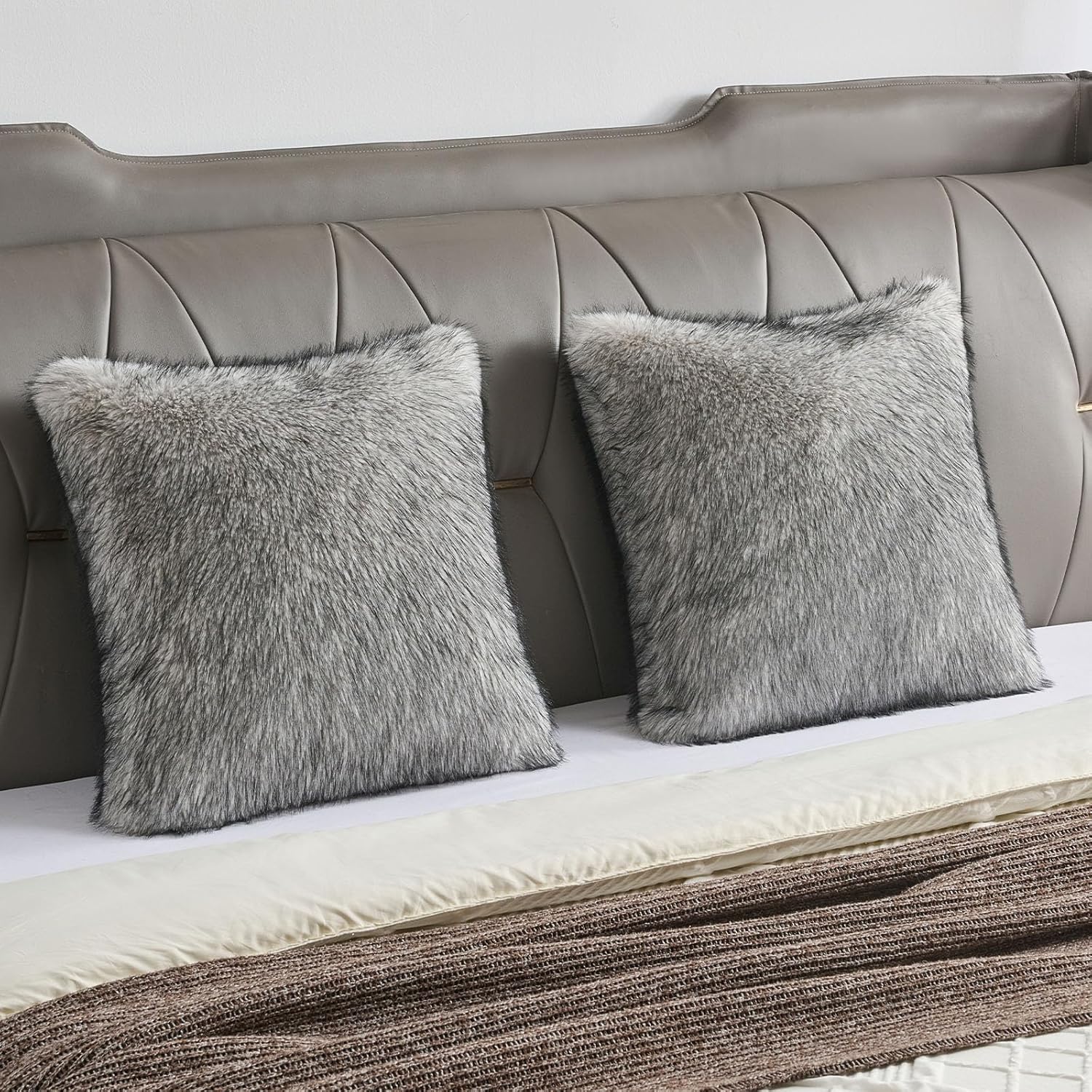 FUTEI Beige Gray Decorative Throw Pillow Covers 18x18 Inch Set of 2,Soft Faux Raccoon Fur Textured Cushion Case,Modern Home Luxurious Decor for Couch Bed Living Room - Image 6