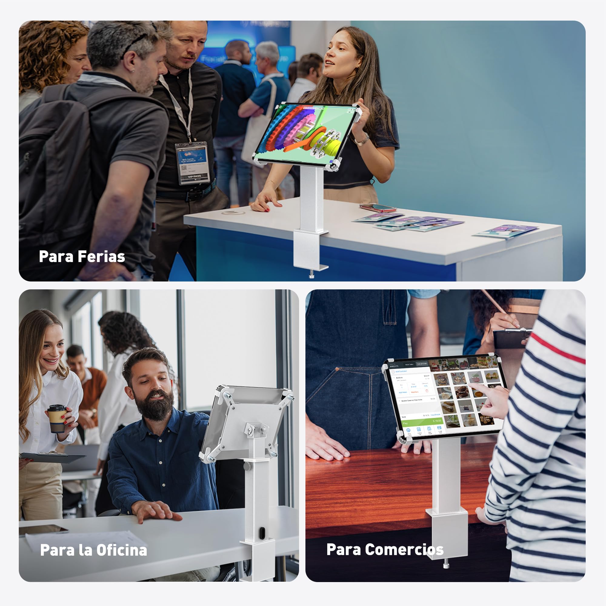 AboveTEK Soporte de escritorio para iPad, ajustable con rotación de 360° e inclinación de 180°, compatible con tabletas de 9.7" a 13", antirrobo, de aluminio resistente, ideal para el trabajo-Plateado
