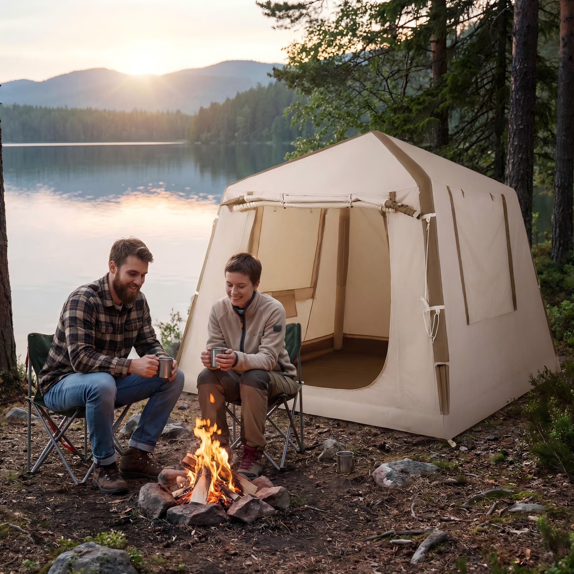 HOMASIS Tenda da Campeggio Gonfiabile, Tenda a Cabina da Esterno per 2-4 Persone, con Pompa, Porte e Finestra in Rete, in Tessuto Oxford Impermeabile, per Viaggi e Escursionie, 210 x 210 x 180 cm