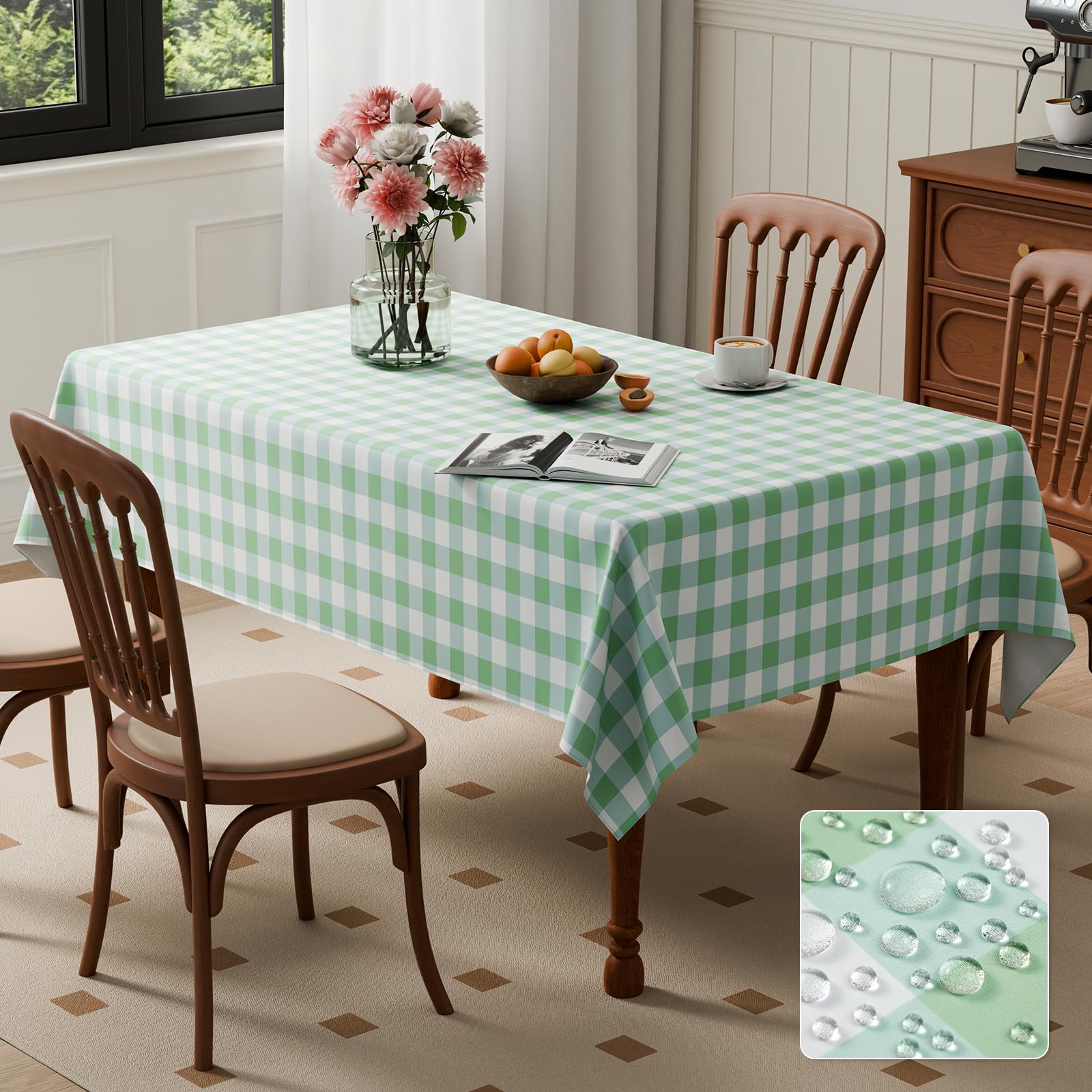 Kmhesvi Green White Gingham Table Cloth Wipe Clean 200x140cm Rectangle Checkered Tablecloth，Water Resistant Table Cloth, Dining Table Cover for Kitchen Outdoor Garden Table, 78.7x55.1 inch