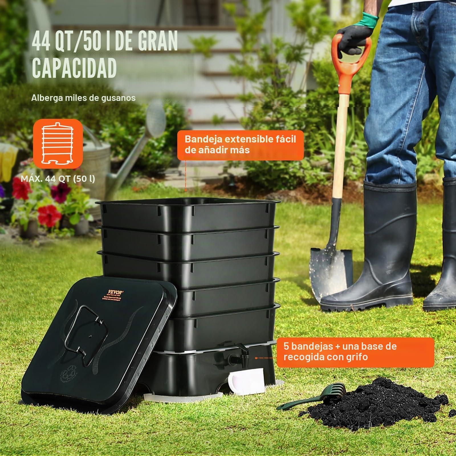 VEVOR Compostador de Lombrices 50 L con 5 Bandejas Compostador de Jardín Contenedor de Abono de Lombrices para Reciclaje de Residuos de Alimentos Excrementos de Lombrices Té de Lombrices Lombricultura