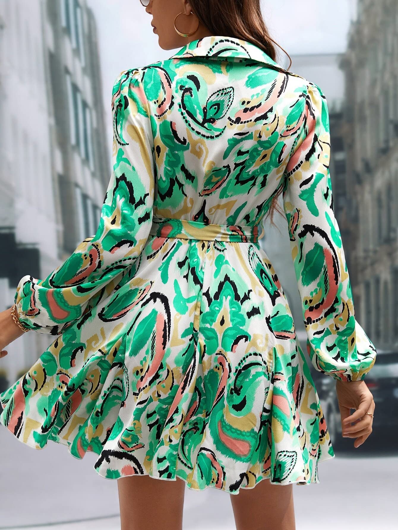 colorful shirt dress for women Women's Dresses Floral Print Lantern Sleeve Belted Shirt Dress Dress for Women (Color : Green, Size : X-Small) at Amazon Women's Clothing store