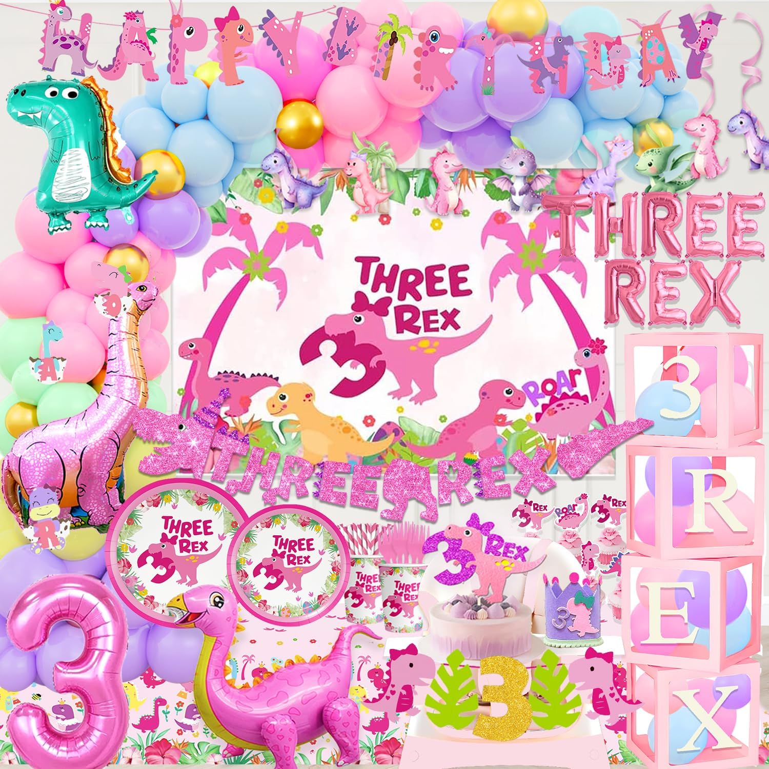 Three Rex Decorations Girl Pink Dinosaur Birthday Party Supplies Trex Dinosaur Tableware Set Crown Balloon Garland Balloon Boxes Glitte Highchair Banner Backdrop TableCloth Cake Topper