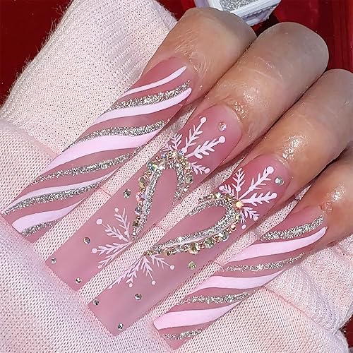 Uñas postizas extralargas cuadradas con forma de tubo, uñas acrílicas rosas con purpurina y líneas blancas y diamantes de imitación, diseños de disponible en Yaxa Venezuela