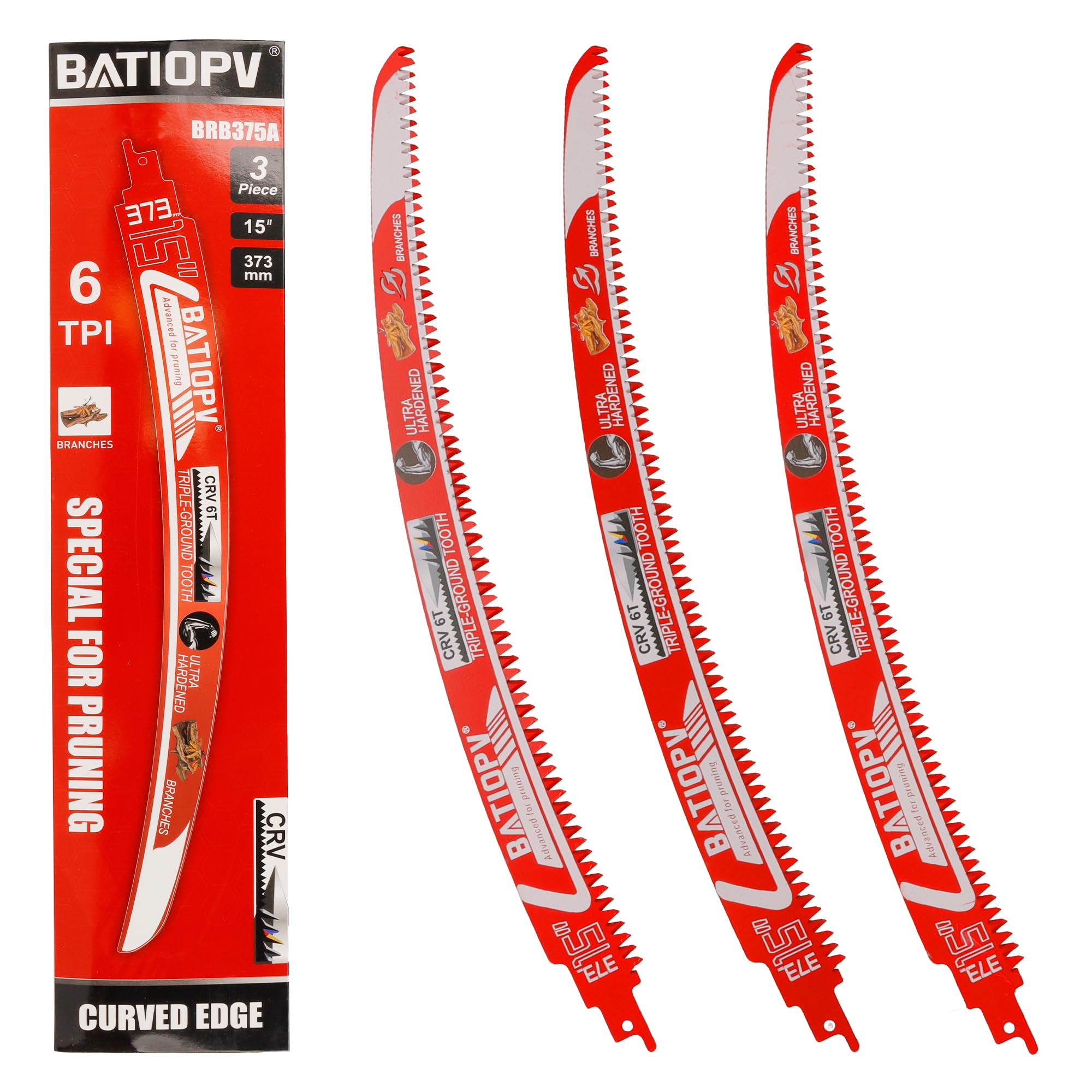 Lames de scie sabre 3 pièces 375 mm – 6 TPI dents japonaises – Lames courbées pour bois, élagage, bois de chauffage, bois sec et vert
