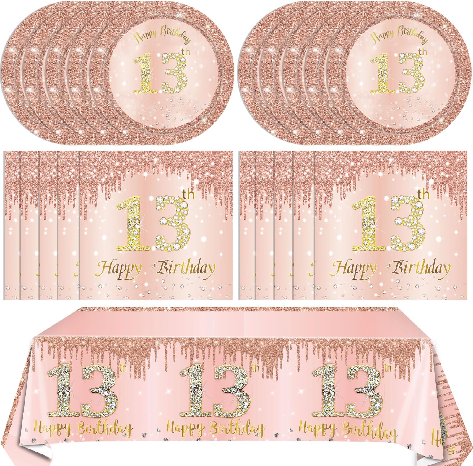 41PCS 13th Birthday Decorations Rose Gold Theme 13 Year Old Girl Birthday Decorations Including Plates Napkins Tablecloth for Girls Sweet 13th Birthday