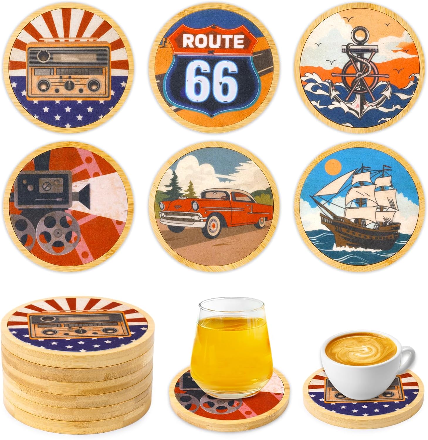 Coasters - Wood Coasters for Drink,4 Inch Absorbent Coaster Set of 6,Vintage Felt Wooden Coaster for Coffee Table Protection,Suitable for Kinds of Cups,Gifts for Home Housewarming Decor Vintage Coasters