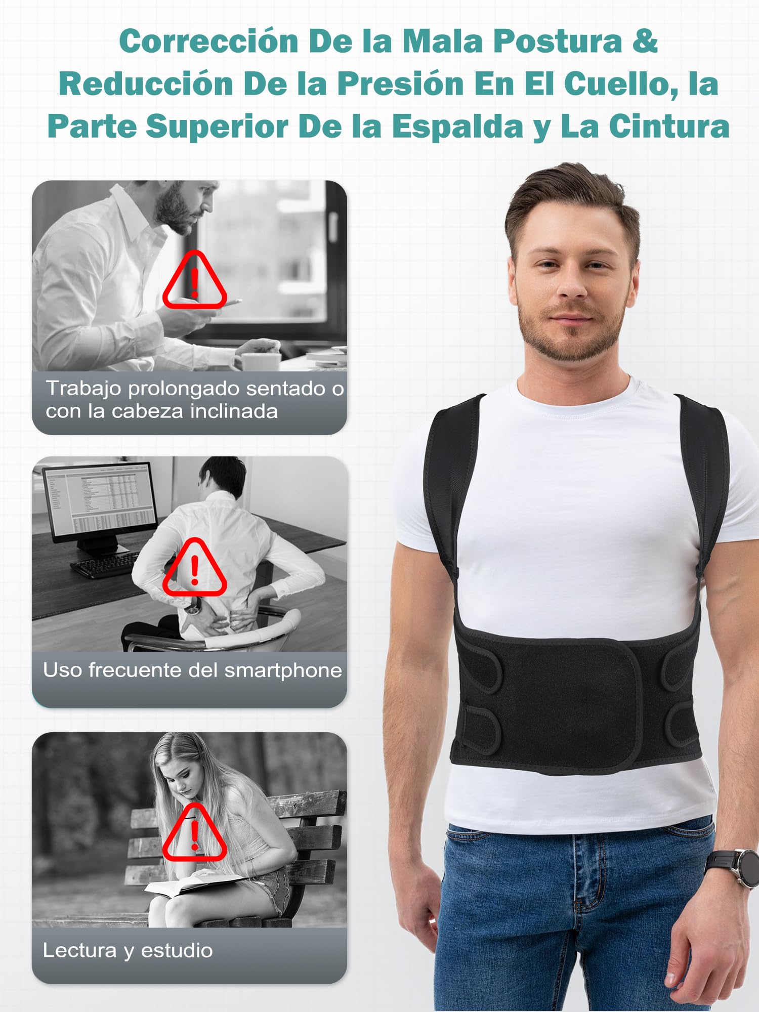 Corrector Postura Espalda Hombre Mujer ：Corrector de Espalda Recta Ajustable e Invisible – Soporte Lumbar Transpirable para Cuello y Hombros – Entrenador Postural para Enderezar la Espalda Negro M