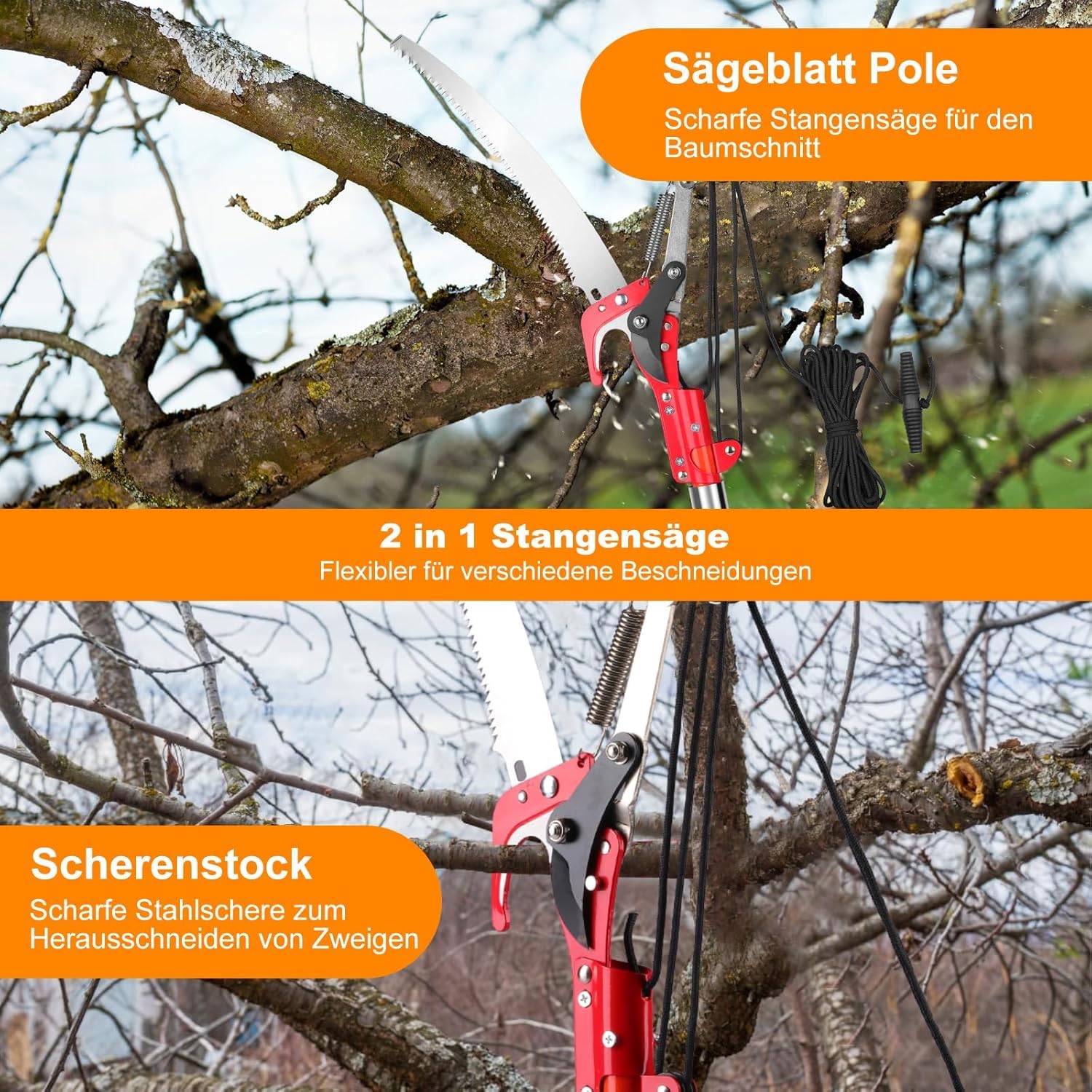 Coupe-Branches Télescopique 2-en-1 9m Perche en Fibre de Verre, Élagueur Professionnel avec Scie Acier 65Mn (∅10cm) et Sécateur à Poulie - Taille Arbres Fruitiers & Jardin