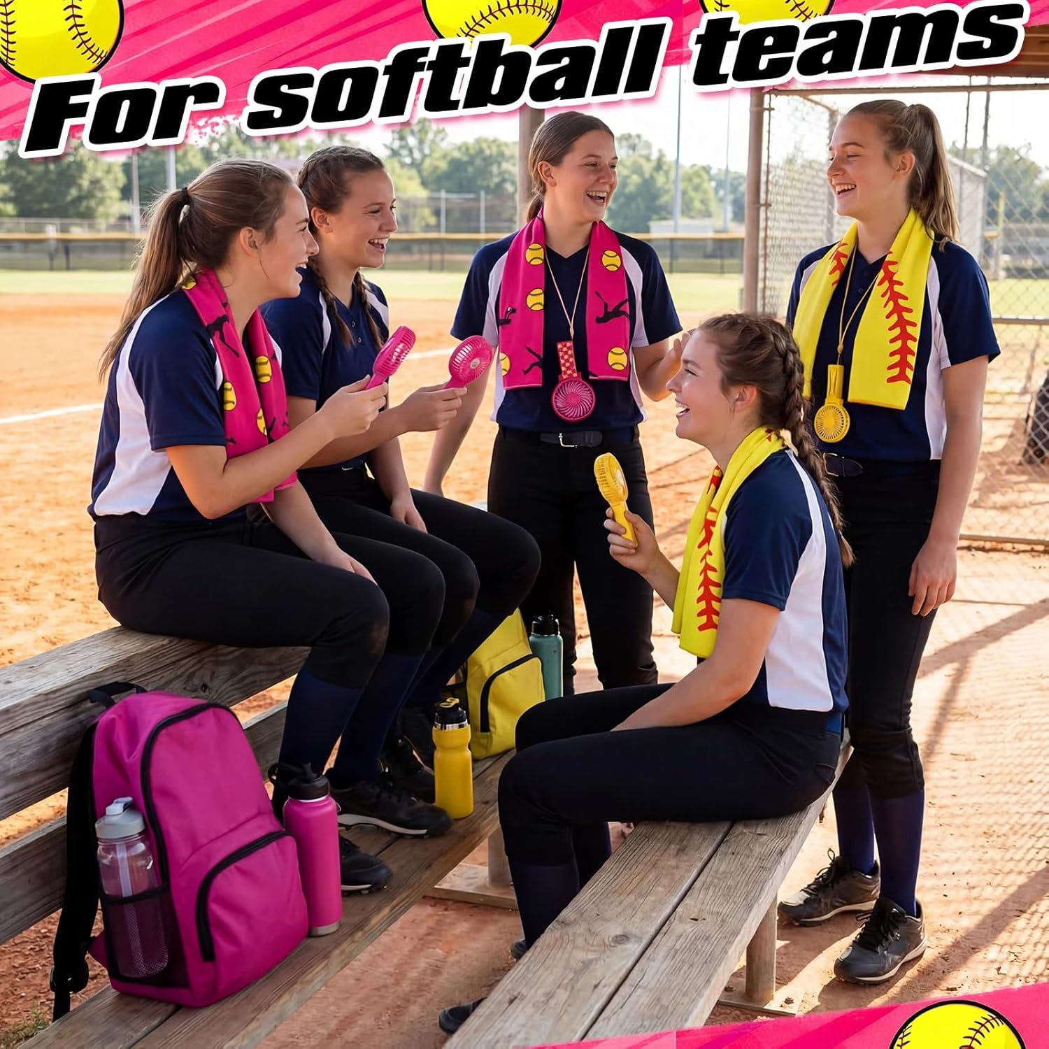 24 Pcs Softball Team Gifts, Include 12 Cooling Towels 40'' x 12'' Workout Towels 12 Portable Fan Handheld Fan for Souvenir Rewards Gift Filler Sport Party Favors