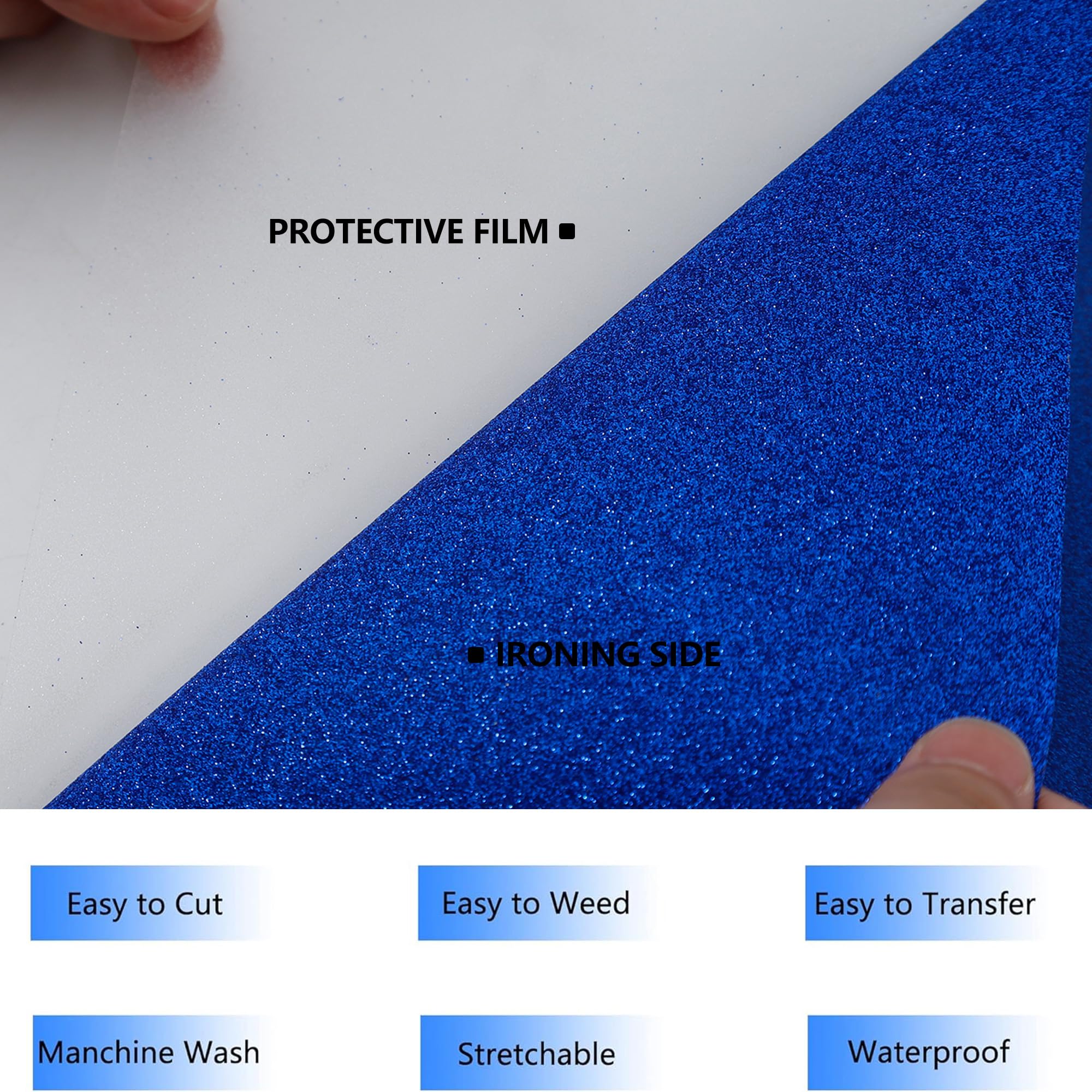 HTVVETUR Vinilo termotransferible con purpurina azul real, 2 rollos de vinilo termotransferible con purpurina para camisas, vinilo termoadhesivo para camisas, vinilo para planchar para camafeo, fácil