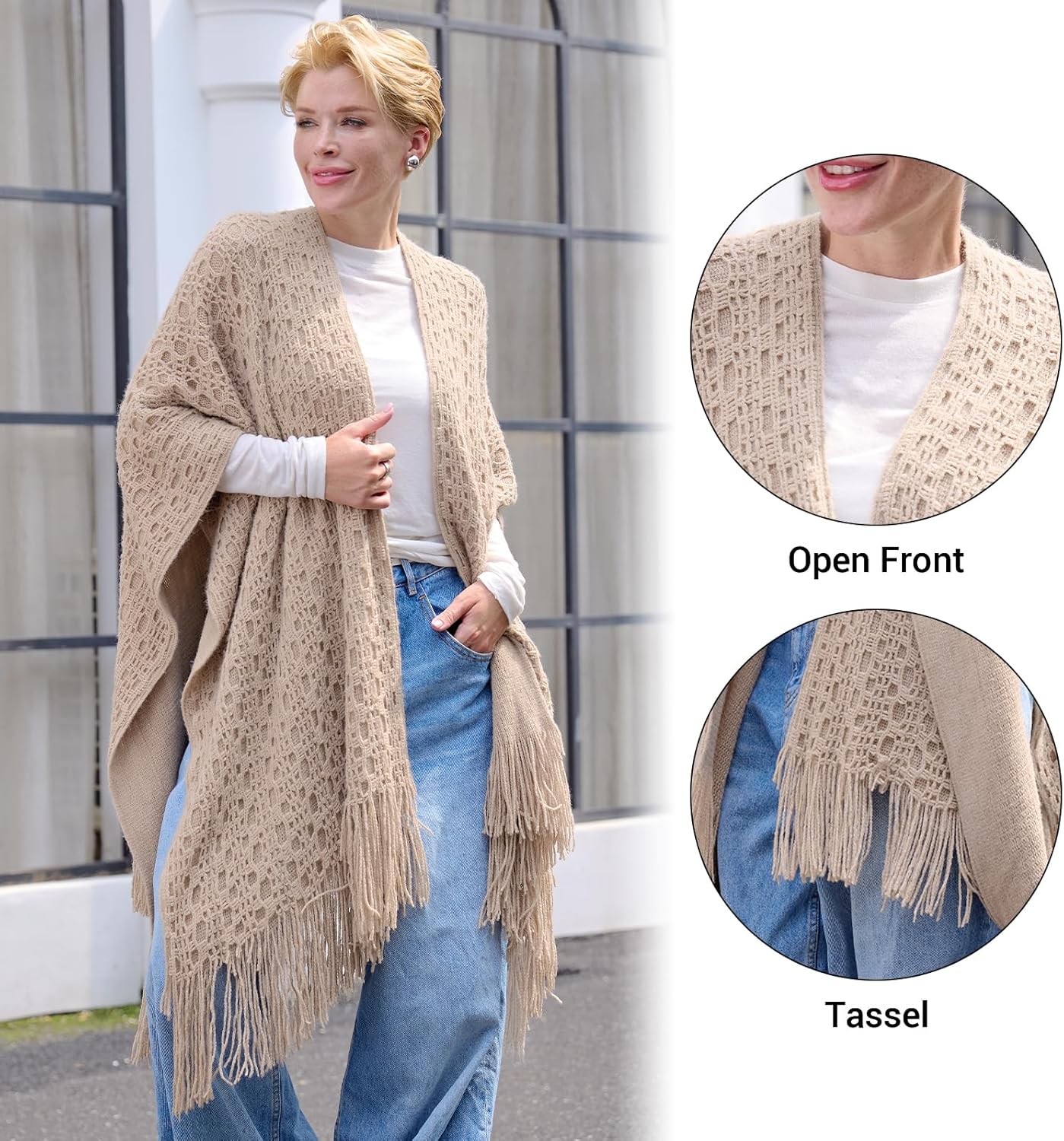 MissShorthair Knit Shawl Wraps for Women Boho Crochet Shawls Cape Open Front Cardigan - Image 3