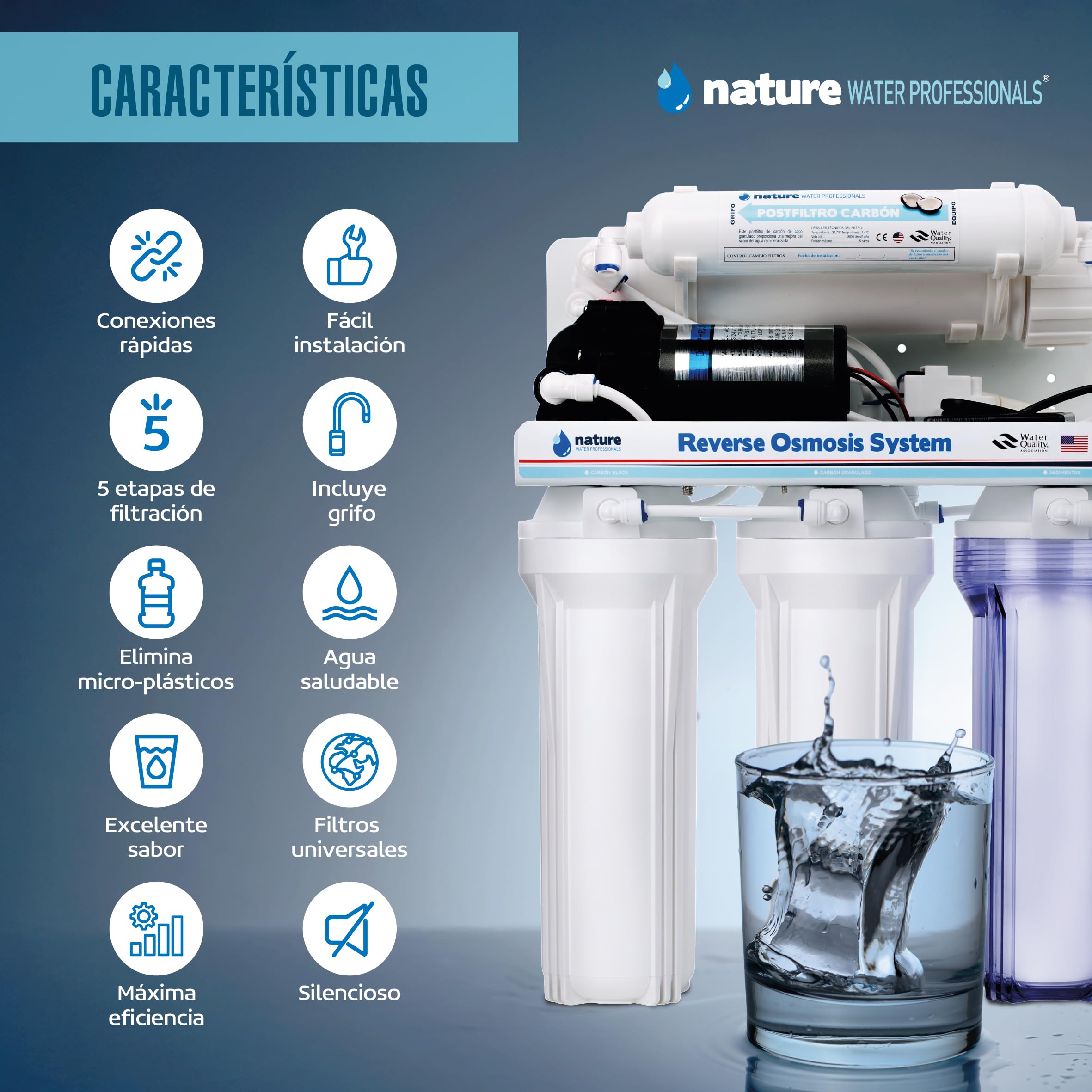 Equipo de Osmosis Inversa - Kit para Osmosis de 5 Etapas - Capacidad para 6 L - Incluye Membrana de 75GPD, Deposito de Agua, Bomba y Filtros - Nature Water Professionals