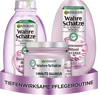 Garnier Wahre Schätze Glättendes Haarpflege-Set für mittellanges bis langes Haar, Ritual & Stärke Reiswasser-Shampoo (250 ml), Reiswasser-Spülung (200 ml), Reiswasser 1-Minute Haarkur (340 ml)