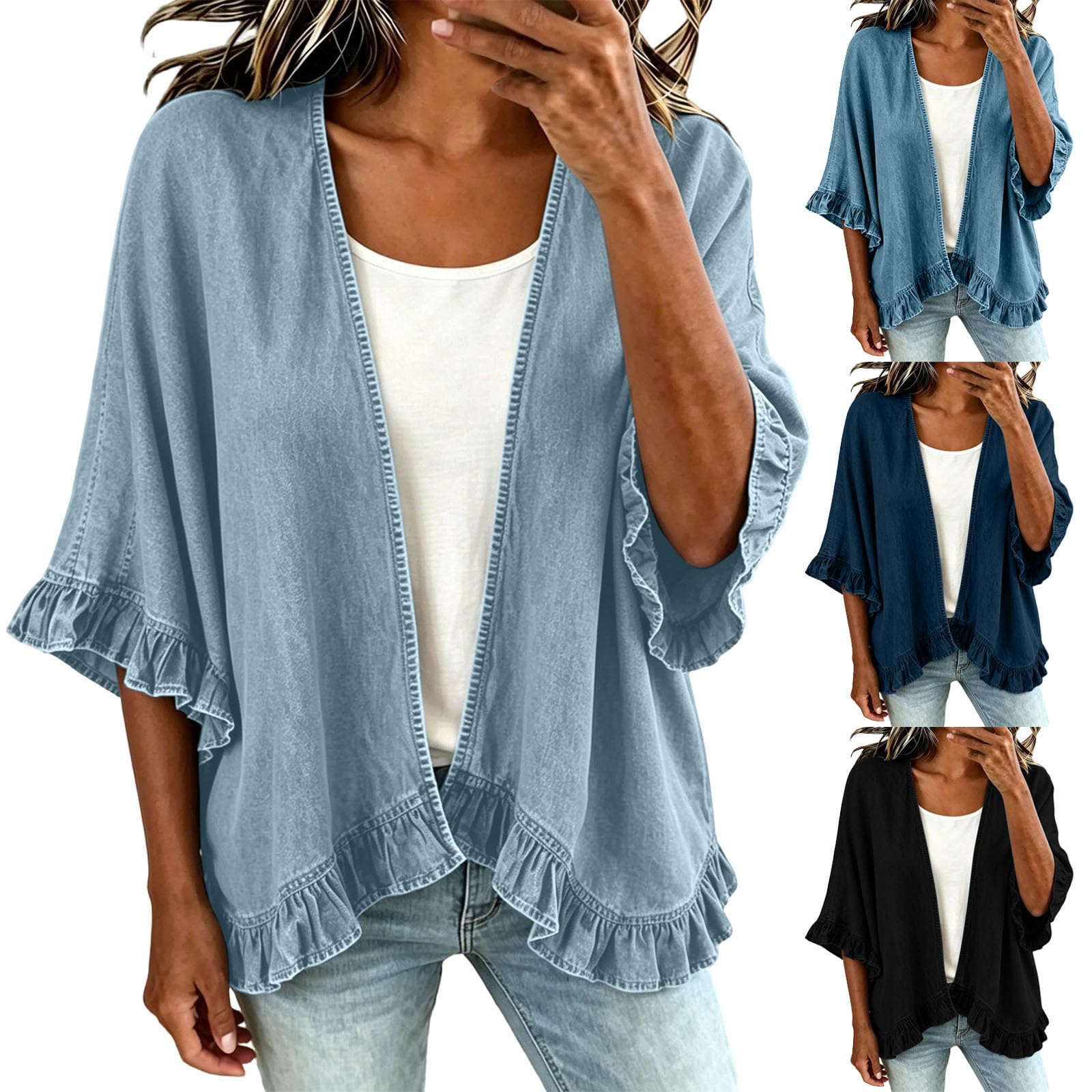 Chemise Femme Denim Légère Ouverte Manches à Volants Ample Mi-Saison Chic