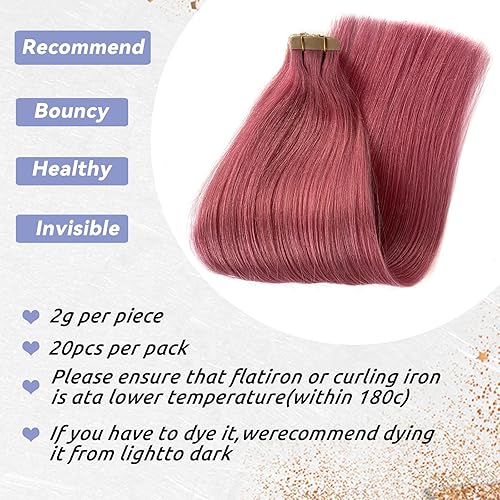 Miniatura 3 de Extensiones adhesivas de cabello humano Remy, color rosa, doble cara, sin costuras, trama de piel, lacio, 100% real, extensiones de cabello humano