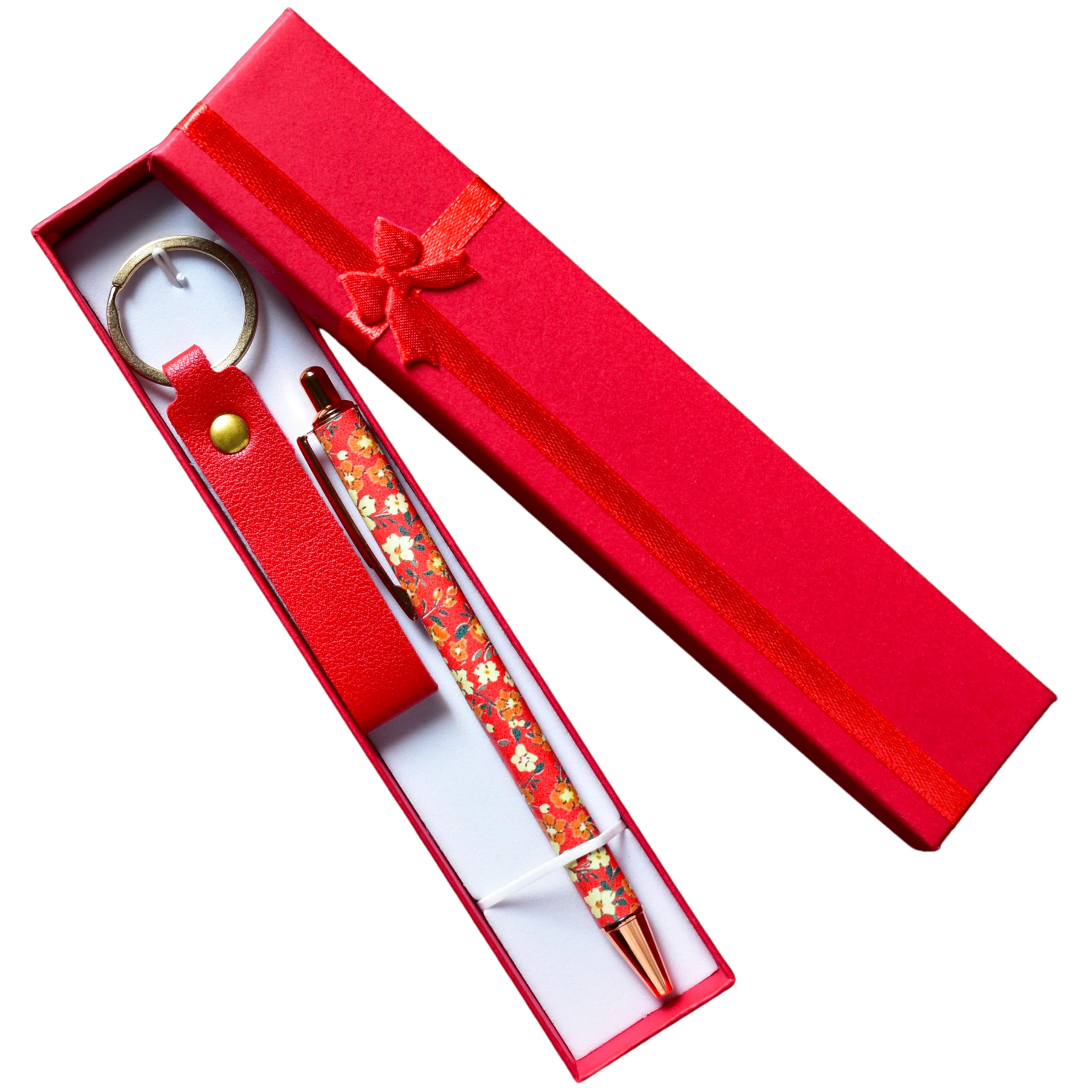 Amaira Gifts Floral Design Ball Pen & PU Leather Keychain Combo Set | Amazing Pen Set for Women, Teachers | Pen Combo Set