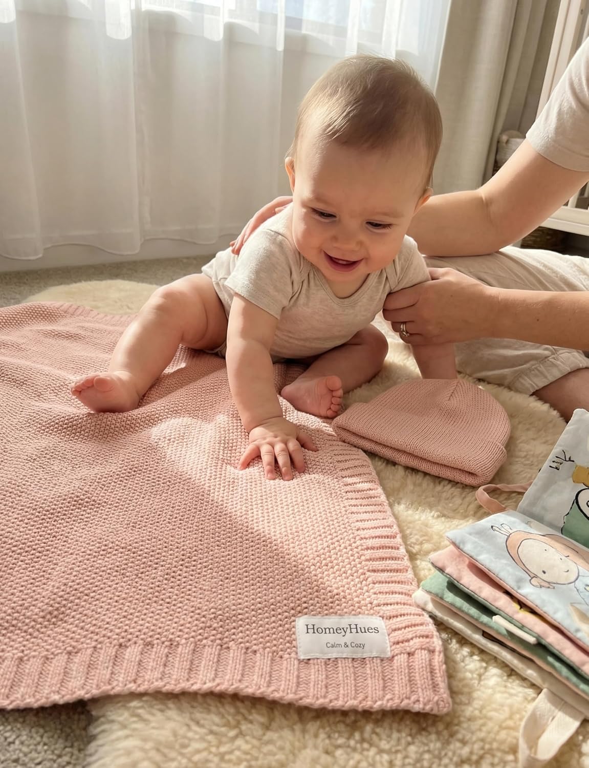 Luxury Baby Gift Set for Newborns - 100% Cotton Knit Blanket Essentials with Matching Beanie, Thoughtful Baby Shower & New Baby Gift for Boys & Girls(Shell Pink)