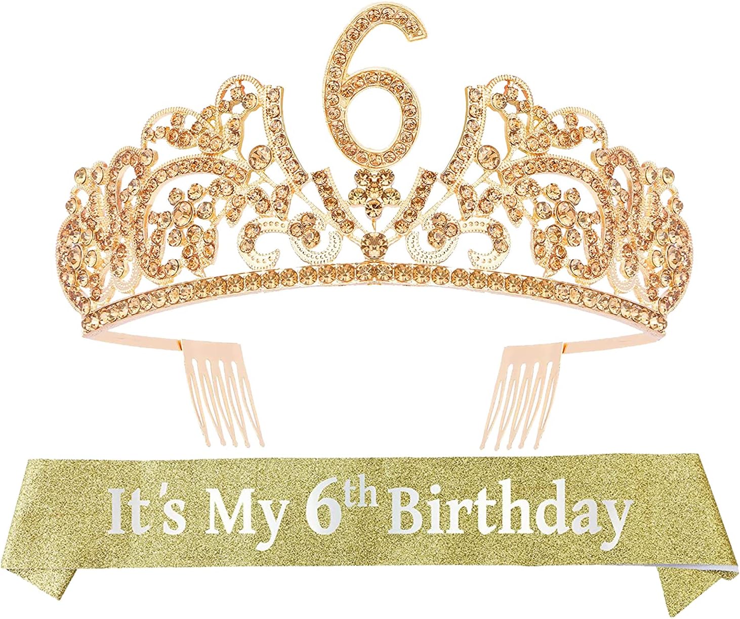VeryMerryMakering 6th Birthday Sash and Tiara Set for Girls - Fabulous Glitter Sash with Flowers, Rhinestone Gold Crown - Ideal Princess Party Gifts and Accessories for Your Little Birthday Girl