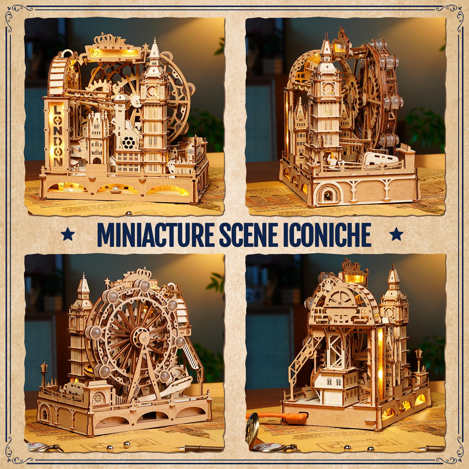 ROKR Marble Travel London EGB01– Puzzle Percorso Biglie 3D in Legno, Kit STEM per Adolescenti & Adulti, Modellino Interattivo dei Monumenti di Londra con Display Luminoso