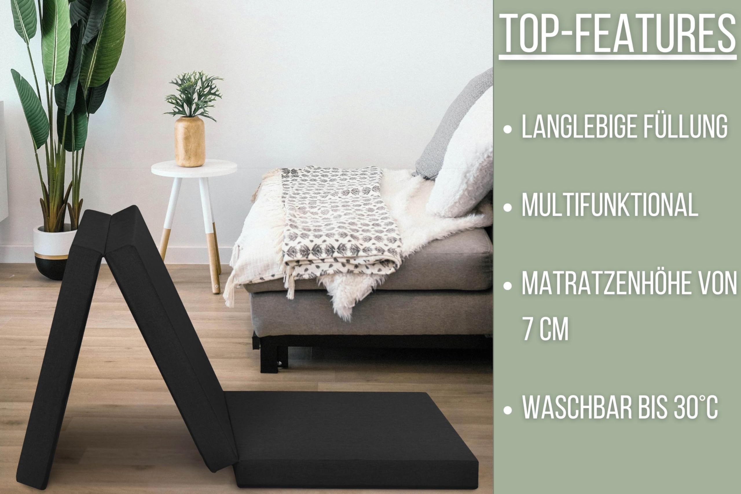 Badenia Trendline Gästematratze 3-teilige Klappmatratze mit strapazierfähigem Microfaser Bezug, Öko-Tex zertifiziert, produziert nach deutschem Qualitätsstandard,190 x 60 cm , schwarz