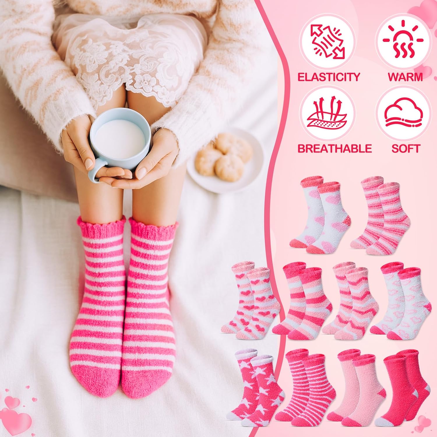 Chicingyou 60 Pairs Valentine's Day Fuzzy Socks Bulk for Women Warm Cupcake Socks DIY Fluffy Slipper Stock for Winter Gifts