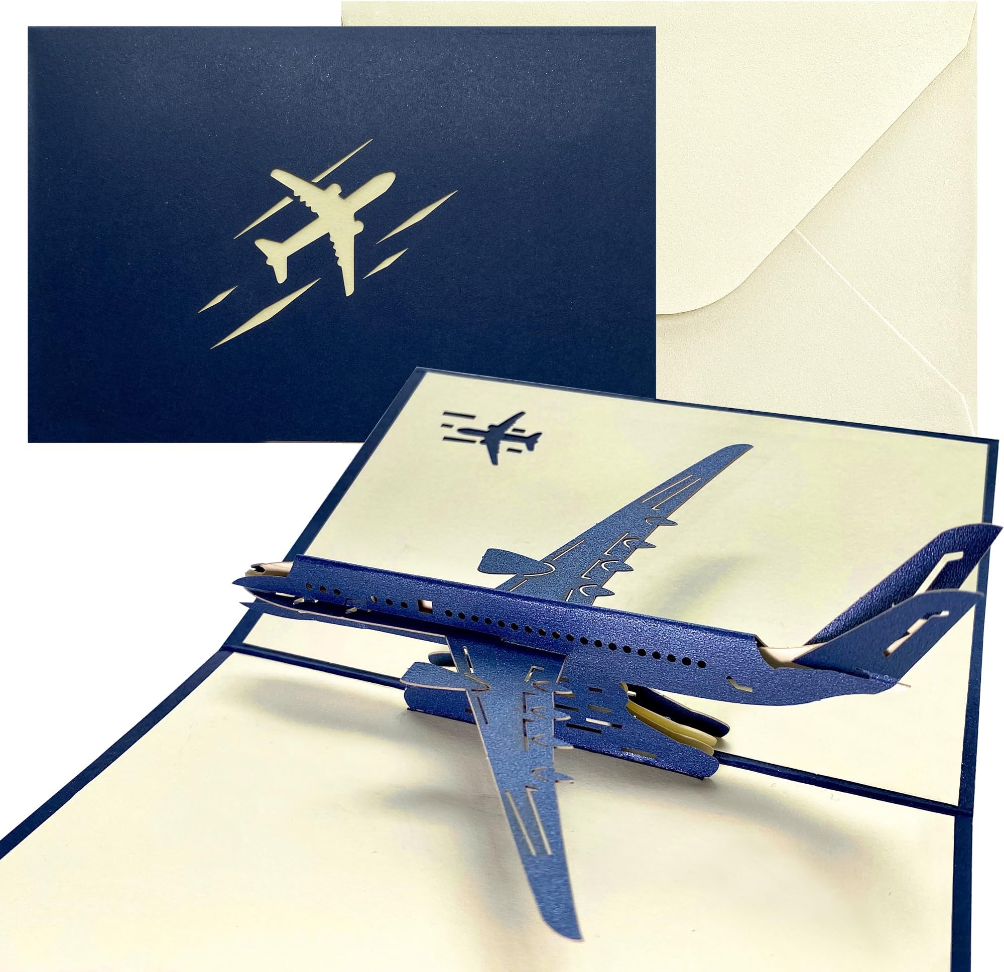 Life-Mate Airplane Pop Up Card, 3D Popup Greeting Cards with Envelope Aircraft for Travel Birthday Graduation Gift Men (Blue)